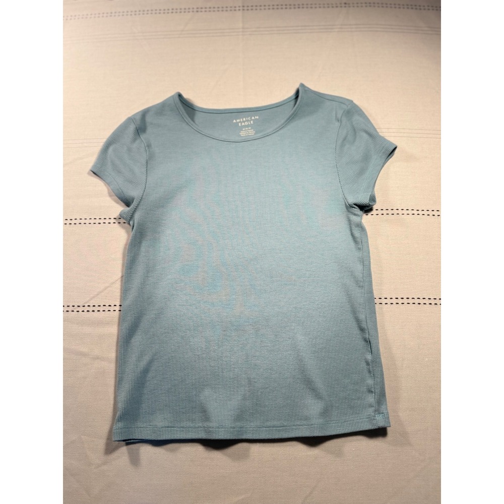 American Eagle Women Light Blue Ribbed Short Sleeve Baby‎ Tee Crew Neck Size M